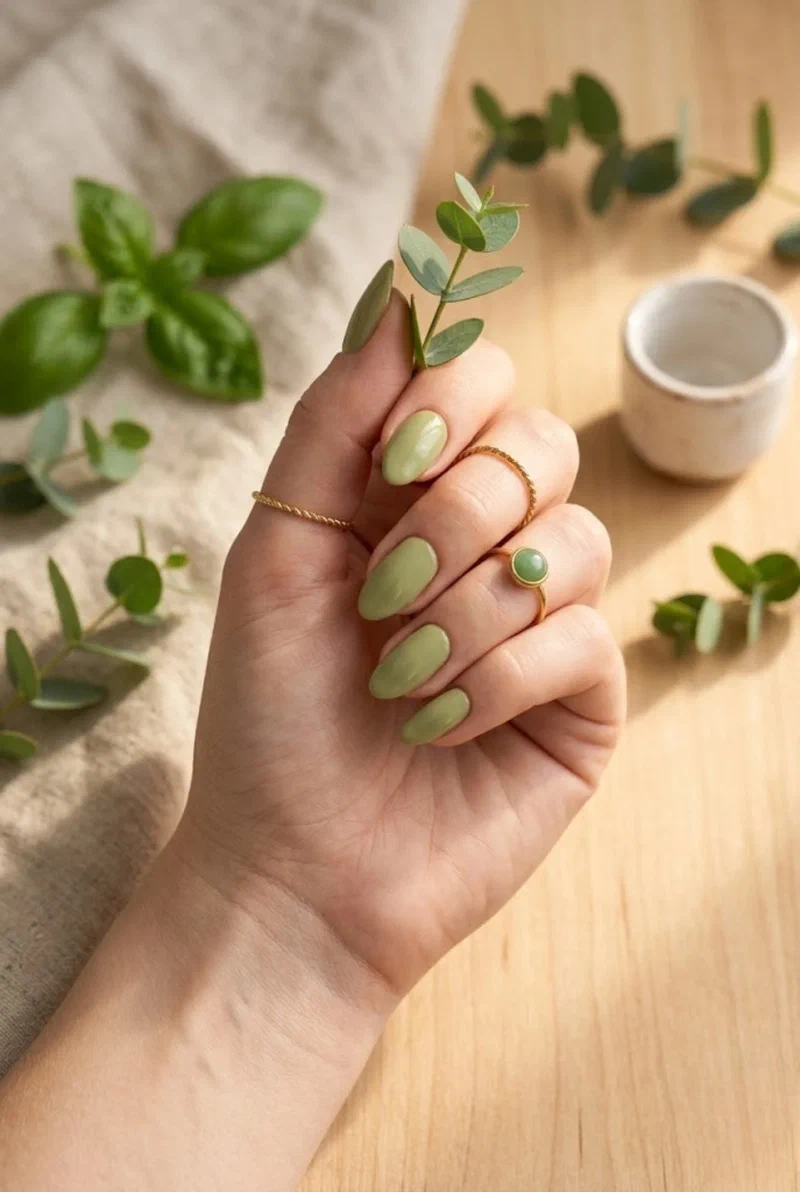Pistachio green nails on almond shaped nails with gold rings