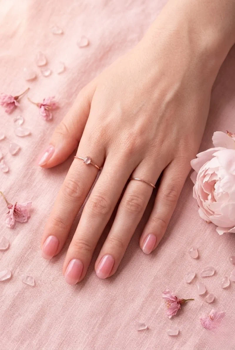 Rose quartz sheer pink jelly nails on round nails