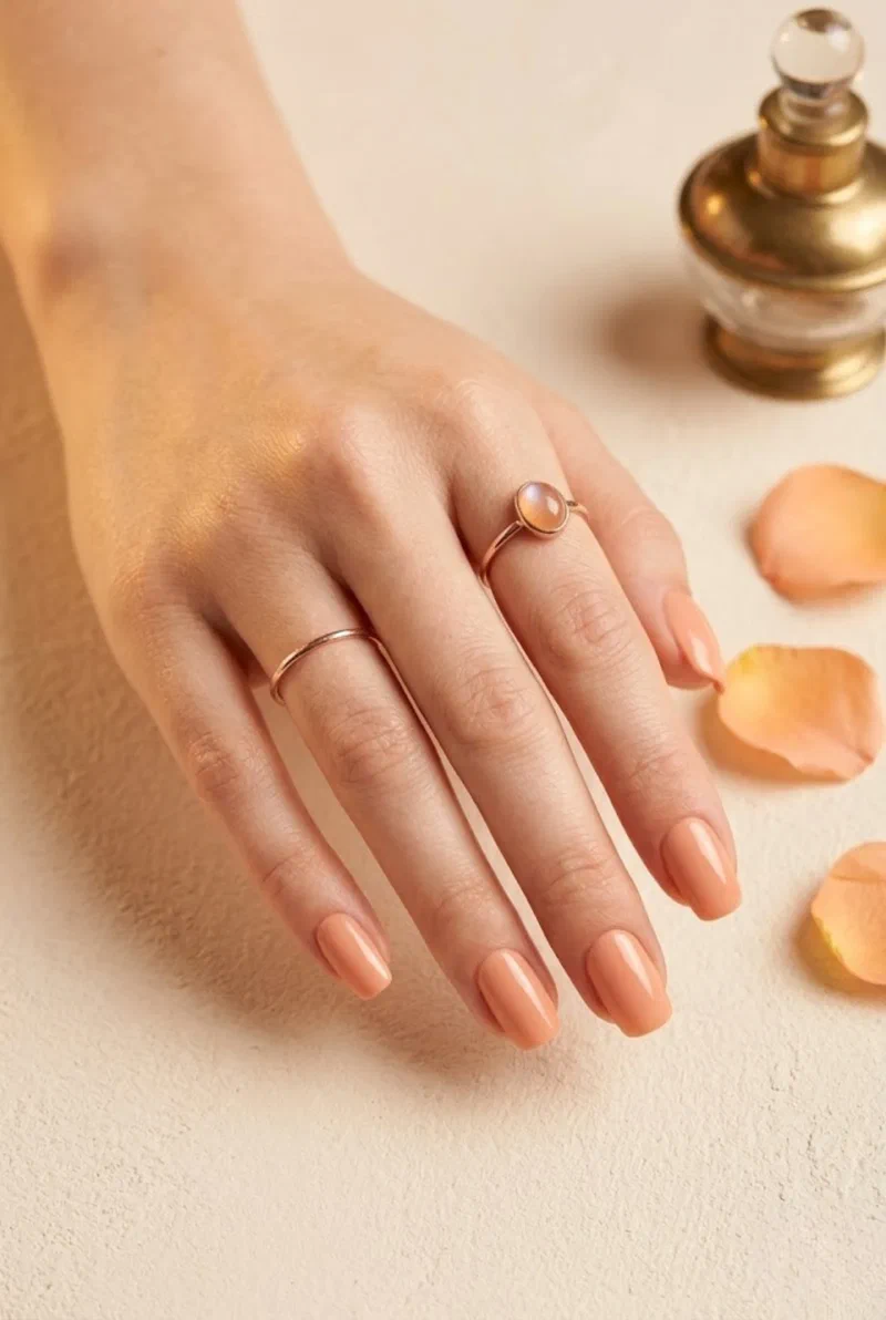 Soft peach nail color on medium length nails