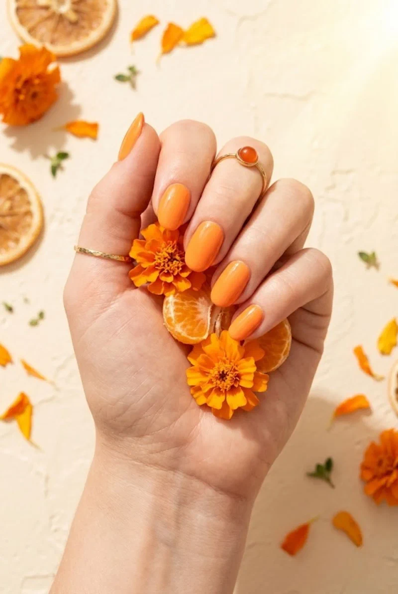 Tangerine orange nail polish on medium length nails