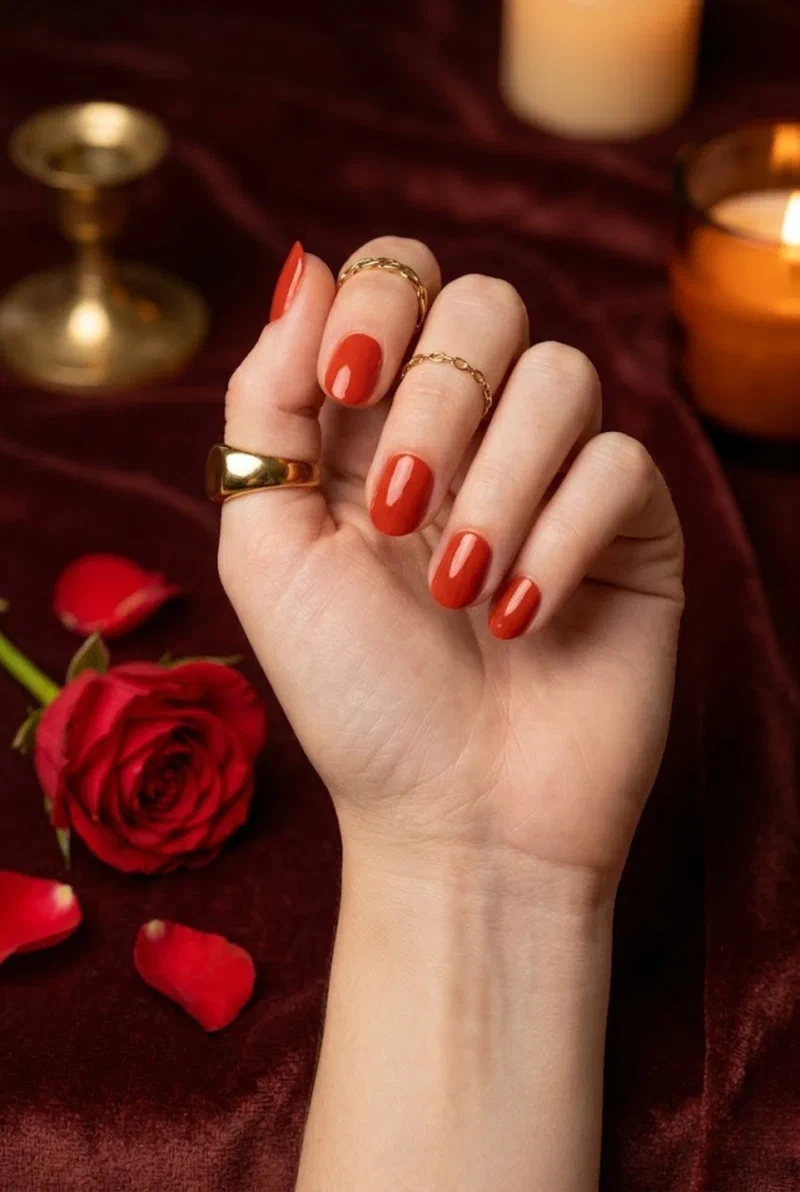 Tomato red nail polish on short round nails