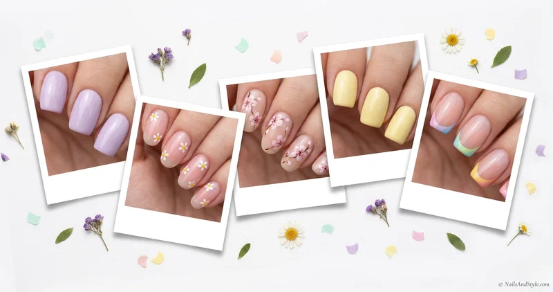 Collage of four april nail designs including pastel French tips, daisy nails, cherry blossom art, and lavender swirls