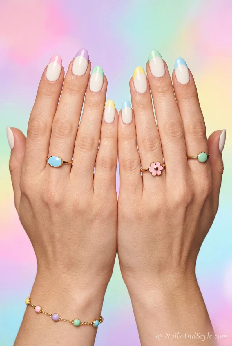 Pastel rainbow French tip nails with different colored tips on each finger
