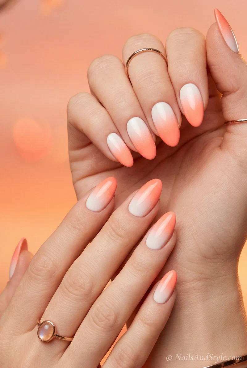 Peach ombre gradient nails fading from white to warm peach