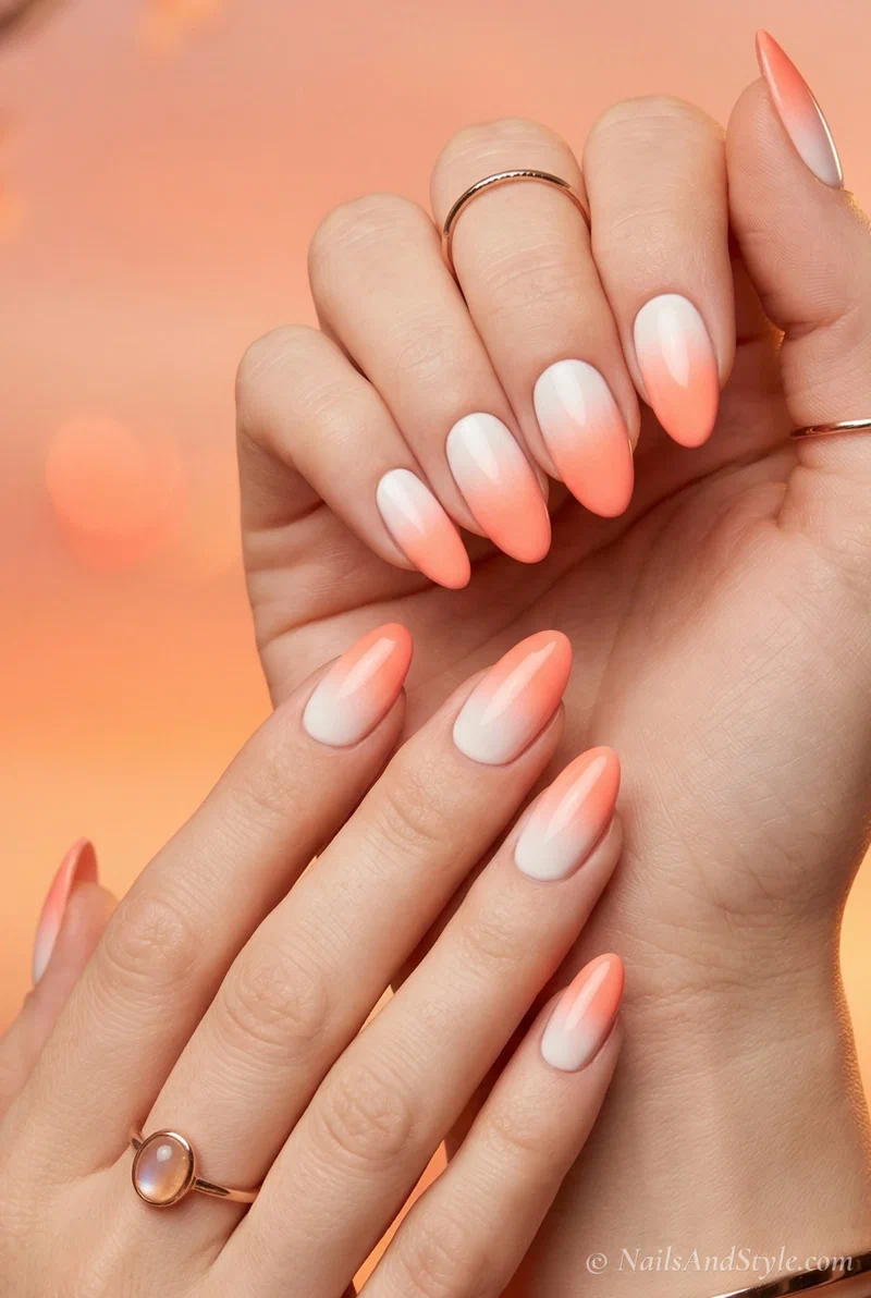 Peach ombre gradient nails fading from white to warm peach