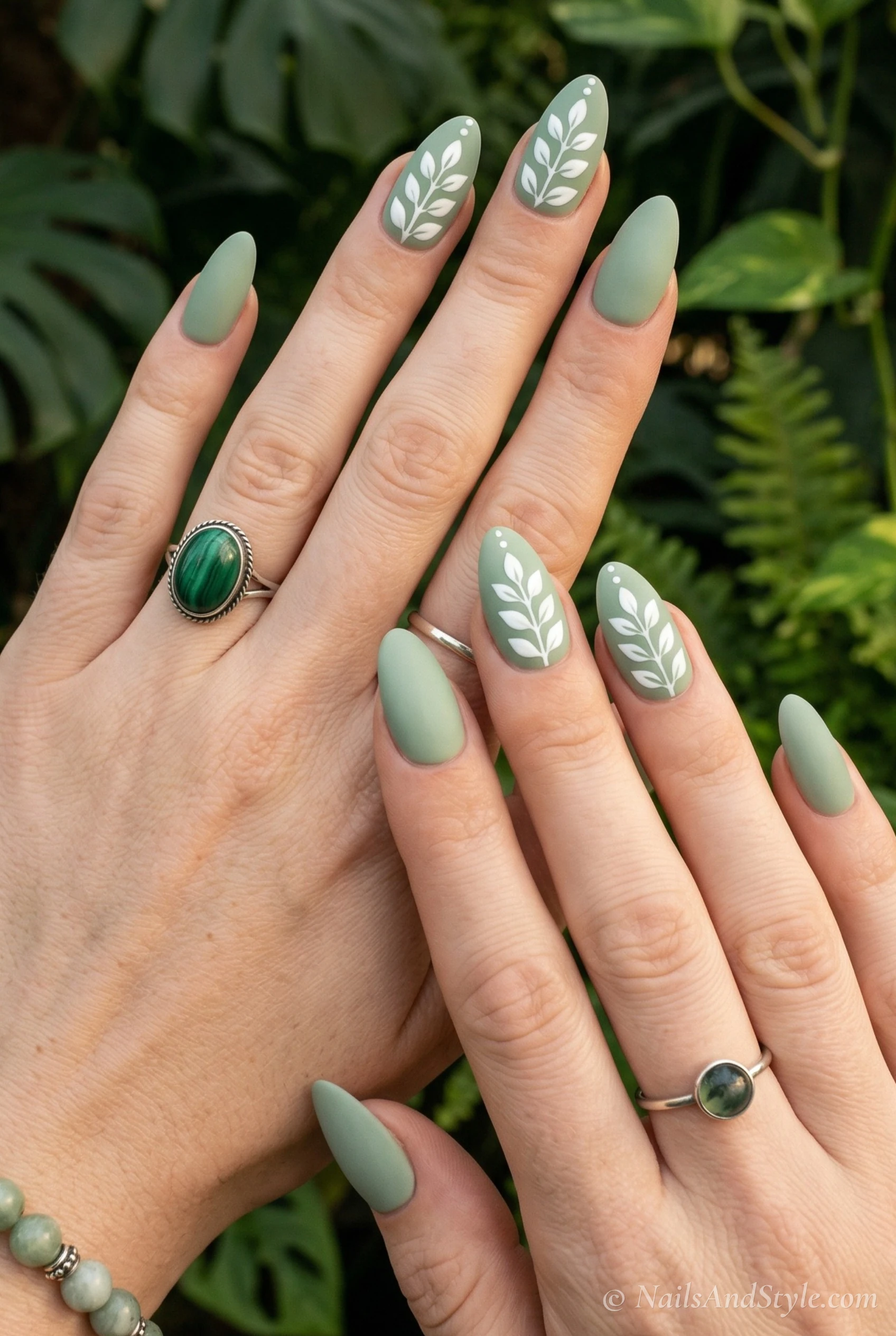 Sage green botanical nails