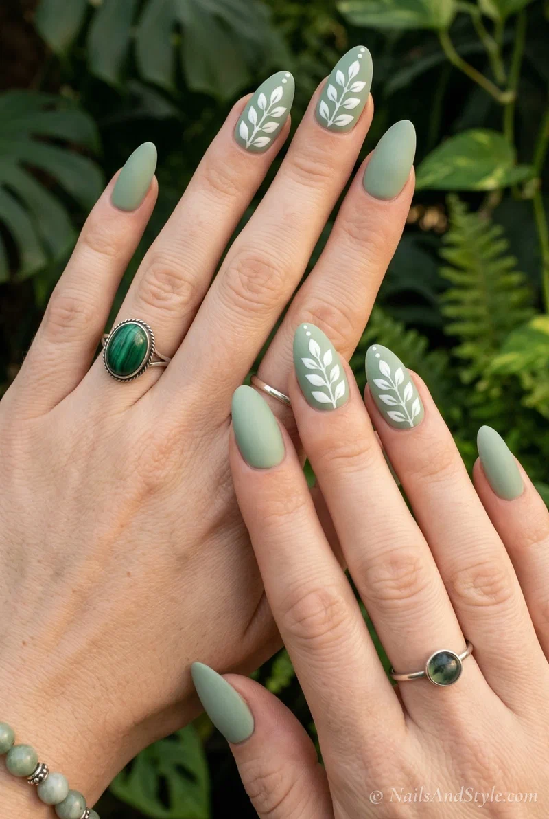 Sage green nails with white botanical leaf art and matte finish