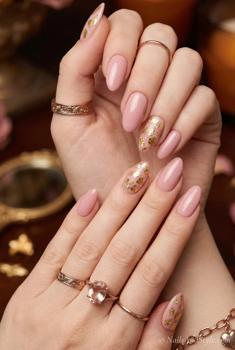 Dusty pink nails with scattered gold leaf flakes on accent nails