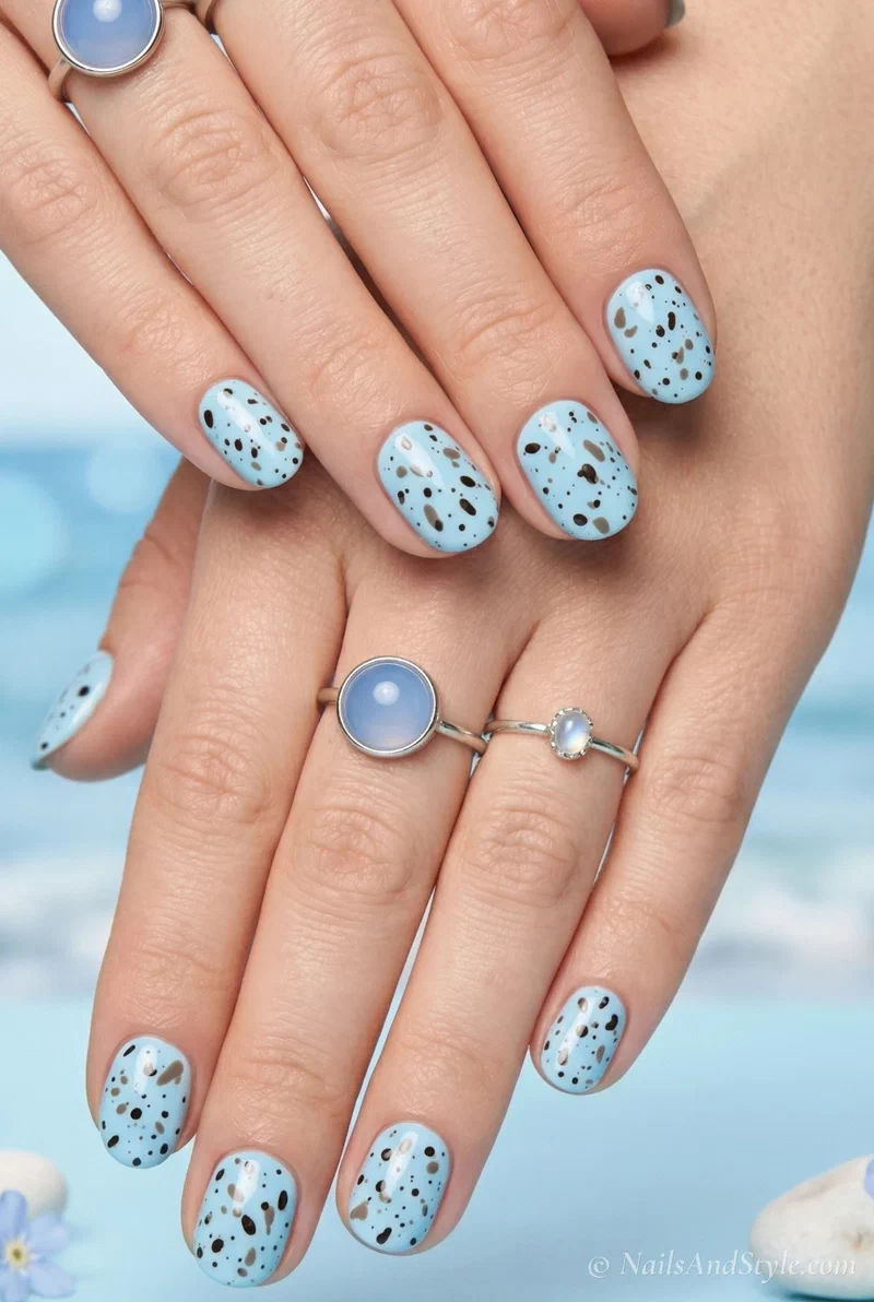 Speckled egg nails in pale blue with brown flecks on short round nails