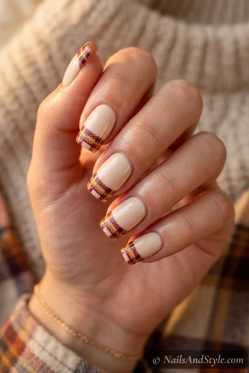 Autumn plaid tip nails with burgundy and mustard tartan lines over a cream base on medium squoval nails