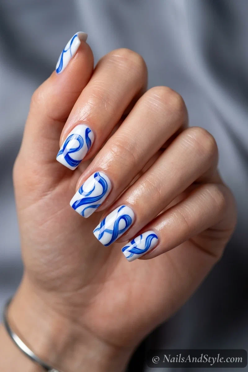 Ballpoint blue swirl nails with royal blue ribbon swirls over a white base on medium squoval nails