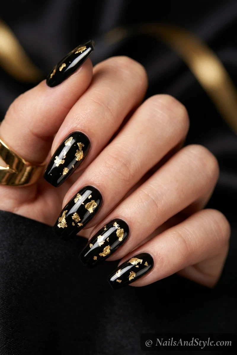 Black nails with scattered gold foil flakes and a glossy finish on medium coffin nails