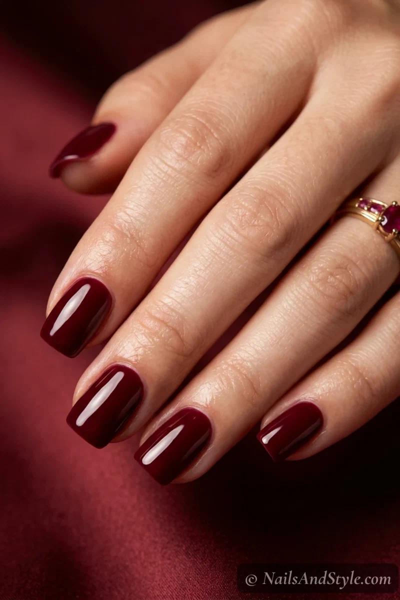 Burgundy cherry nails with a deep rich wine red and glossy finish on medium almond nails