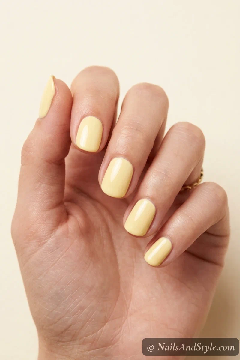 Butter yellow nails with a soft creamy pale yellow and glossy finish on short round nails