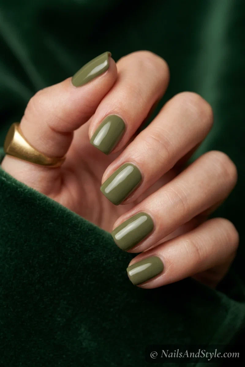 Cargo olive green nails with a muted army green opaque finish on short squoval nails