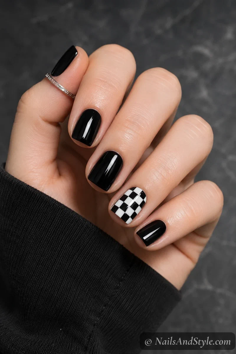 Checkerboard accent nails with a black and white checker grid on one nail and solid black on the rest, short square nails
