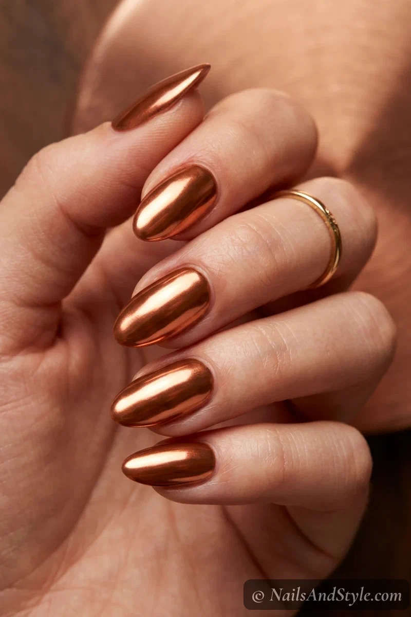 Cinnamon chrome nails with a warm copper-brown mirror metallic finish on medium almond nails