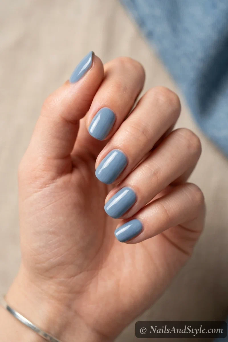 Denim blue nails with a soft dusty washed-blue and glossy finish on short round nails