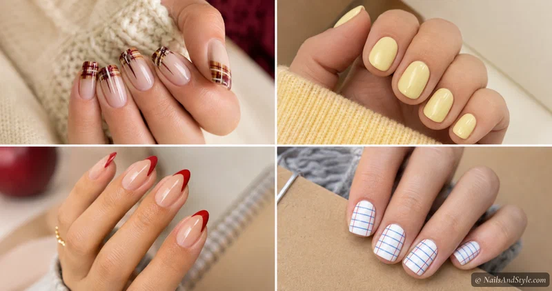 Collage of four back to school nail looks — autumn plaid tips, glossy butter yellow, apple red French tips, and white notebook doodle nails
