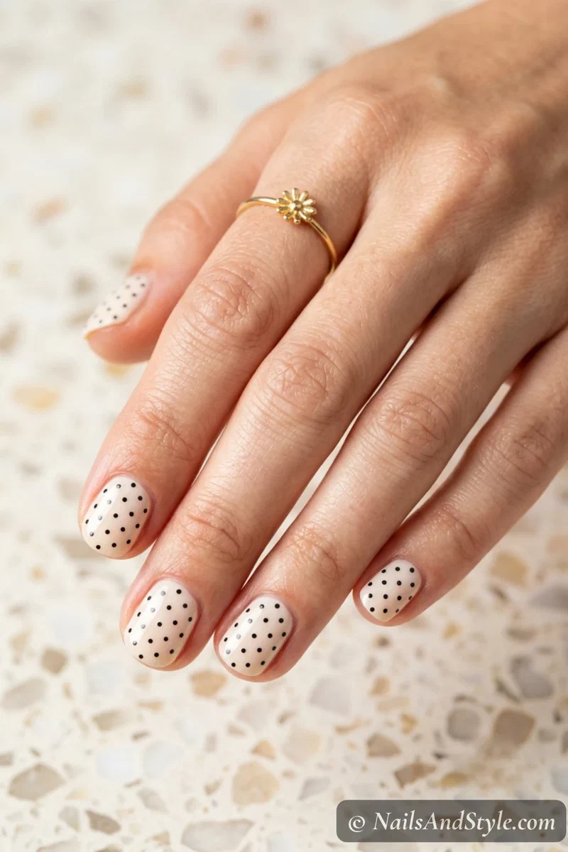 Micro polka dot nails with tiny evenly spaced black dots over a cream base on short round nails