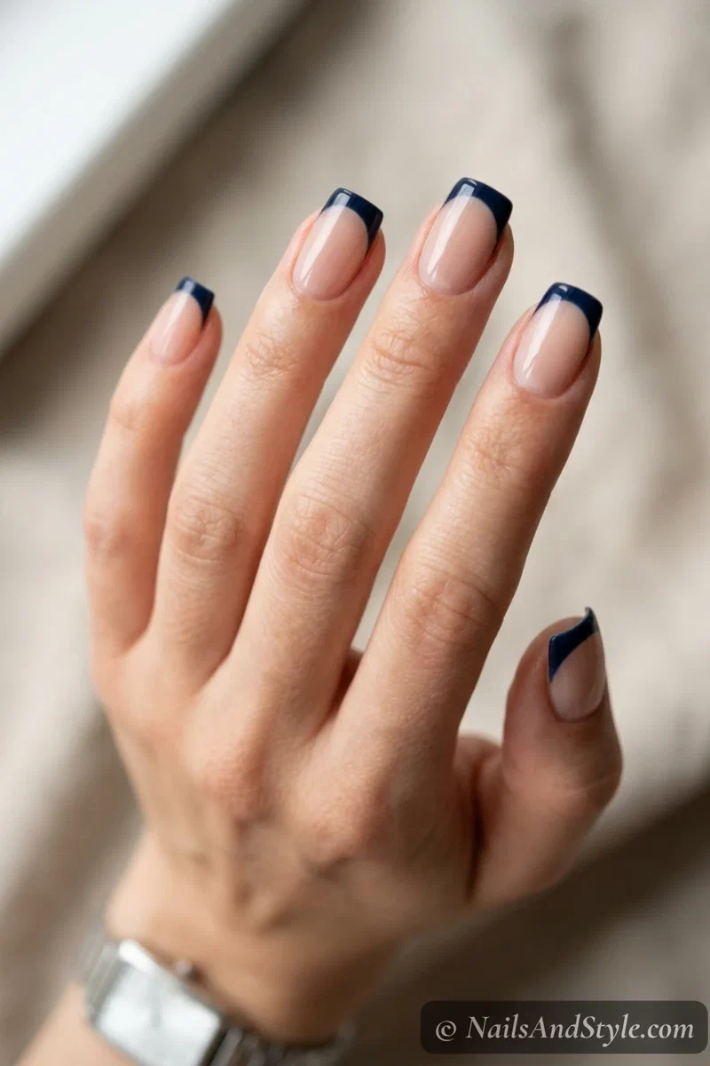 Navy French tip nails with clean deep navy tips over a sheer nude base on medium squoval nails