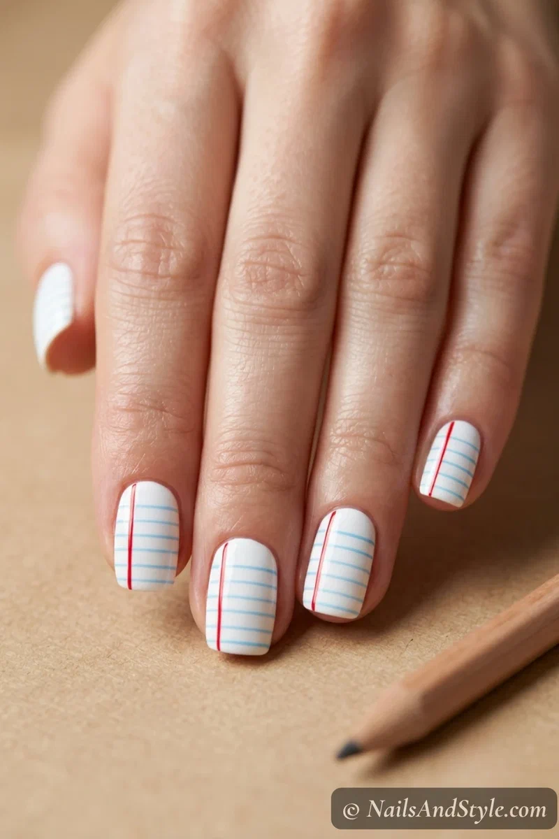 Notebook paper doodle nails with white base, thin blue horizontal lines and a red margin line on short square nails