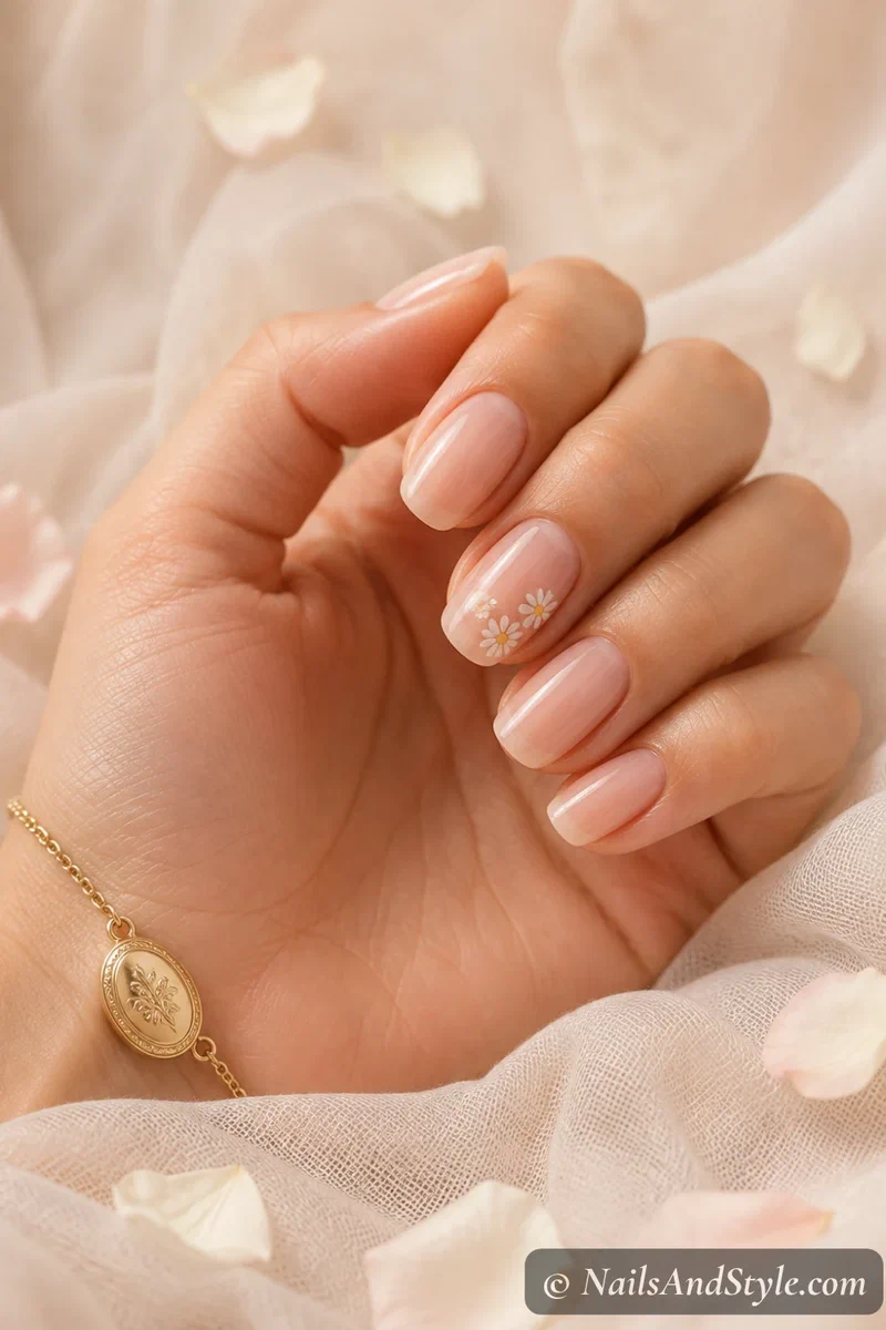 Pressed daisy accent nails with tiny white daisies with yellow centers on a milky nude base, medium oval nails