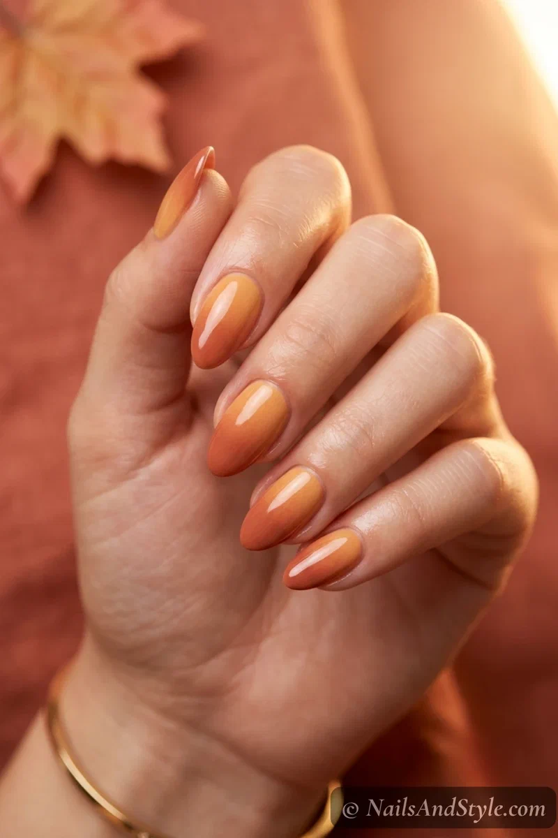 Pumpkin spice ombre nails blending terracotta into golden orange on medium almond nails