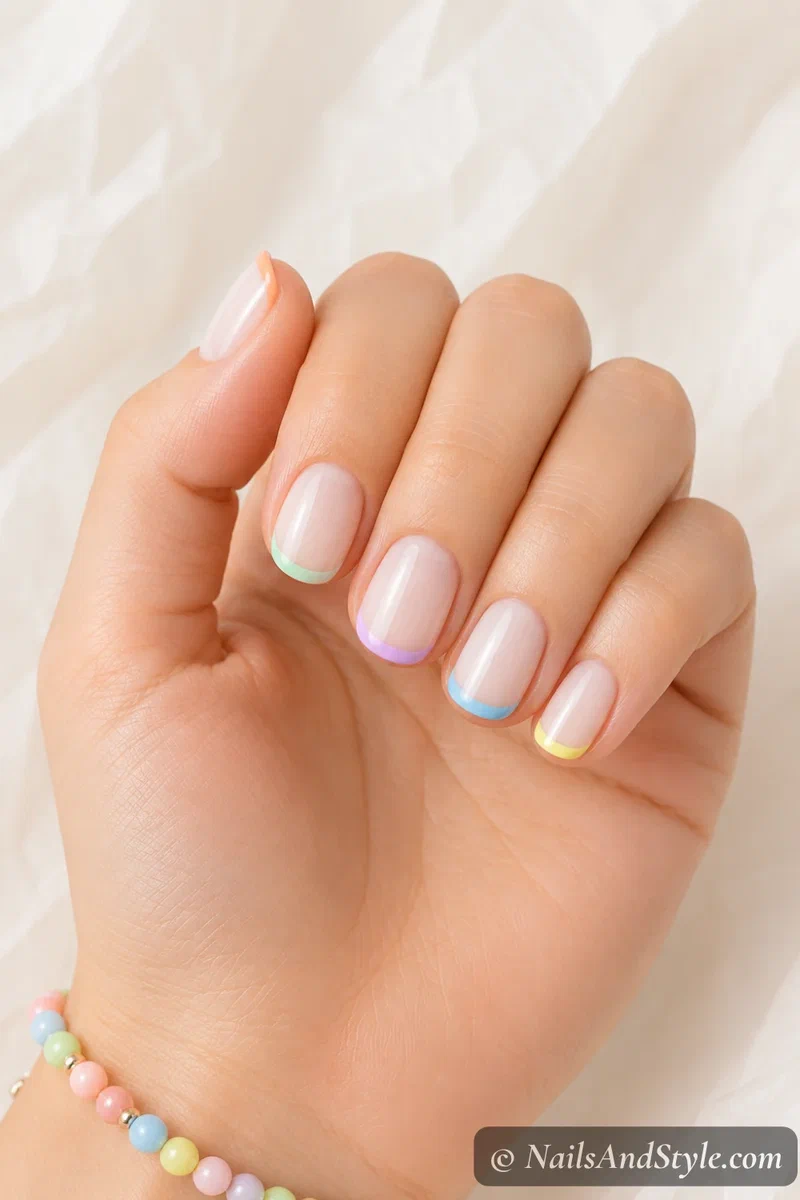 Rainbow micro French nails with thin pastel tips in a different color on each finger over a milky base, short oval nails