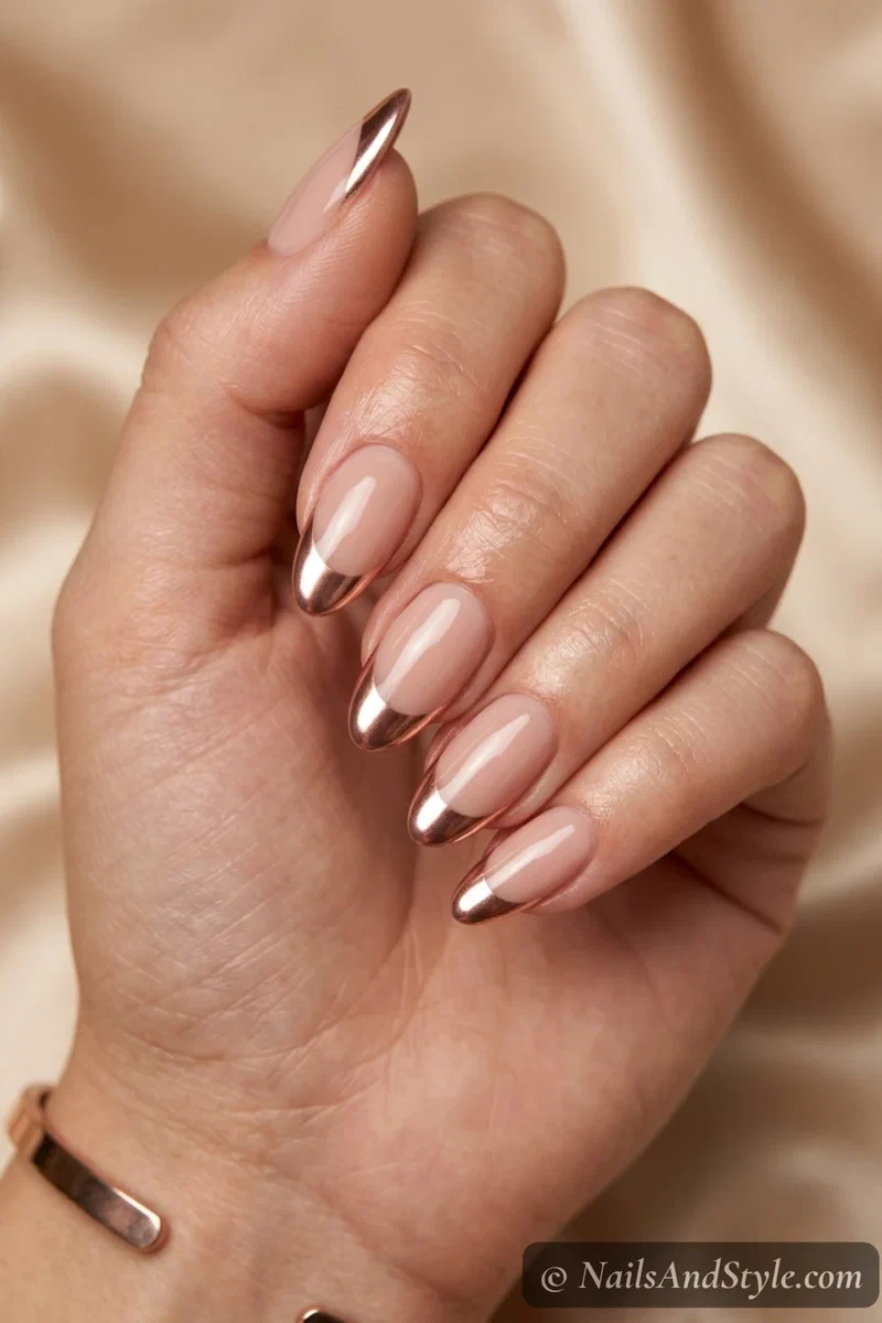 Rose gold chrome French tip nails with mirror metallic rose-gold tips over a nude base on medium almond nails