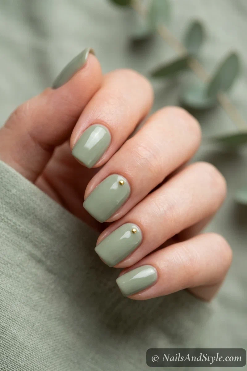 Sage green nails with a soft muted opaque green and glossy finish on medium almond nails