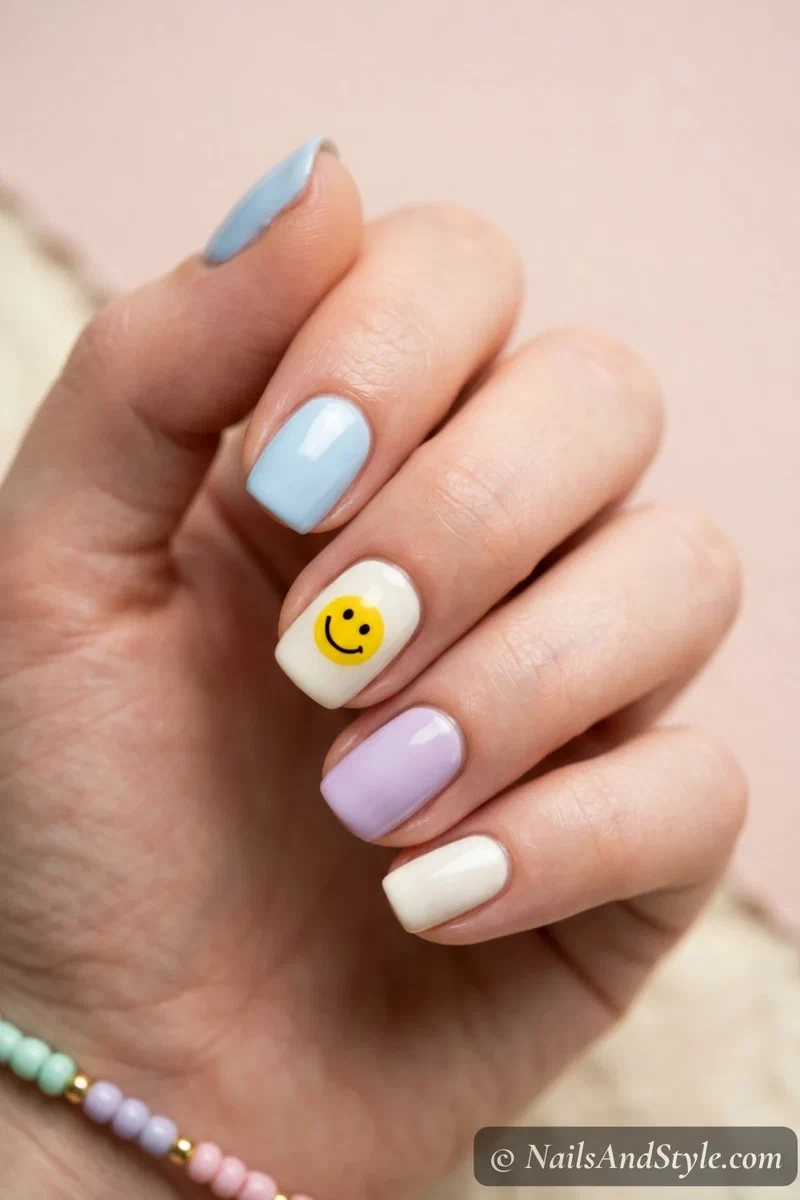 Smiley face nails with a small yellow smiley on one white accent nail and pastel nails on the rest, short round nails