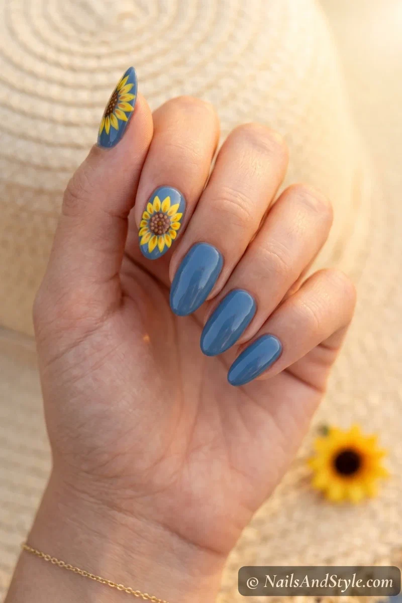 Sunflower accent nails with a small yellow and brown sunflower on a denim blue base on medium almond nails