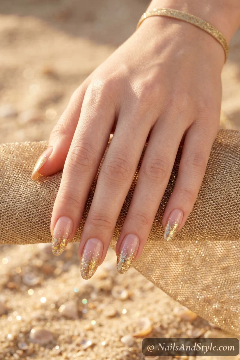 Nude base nails with gold glitter gradient concentrated at the tips