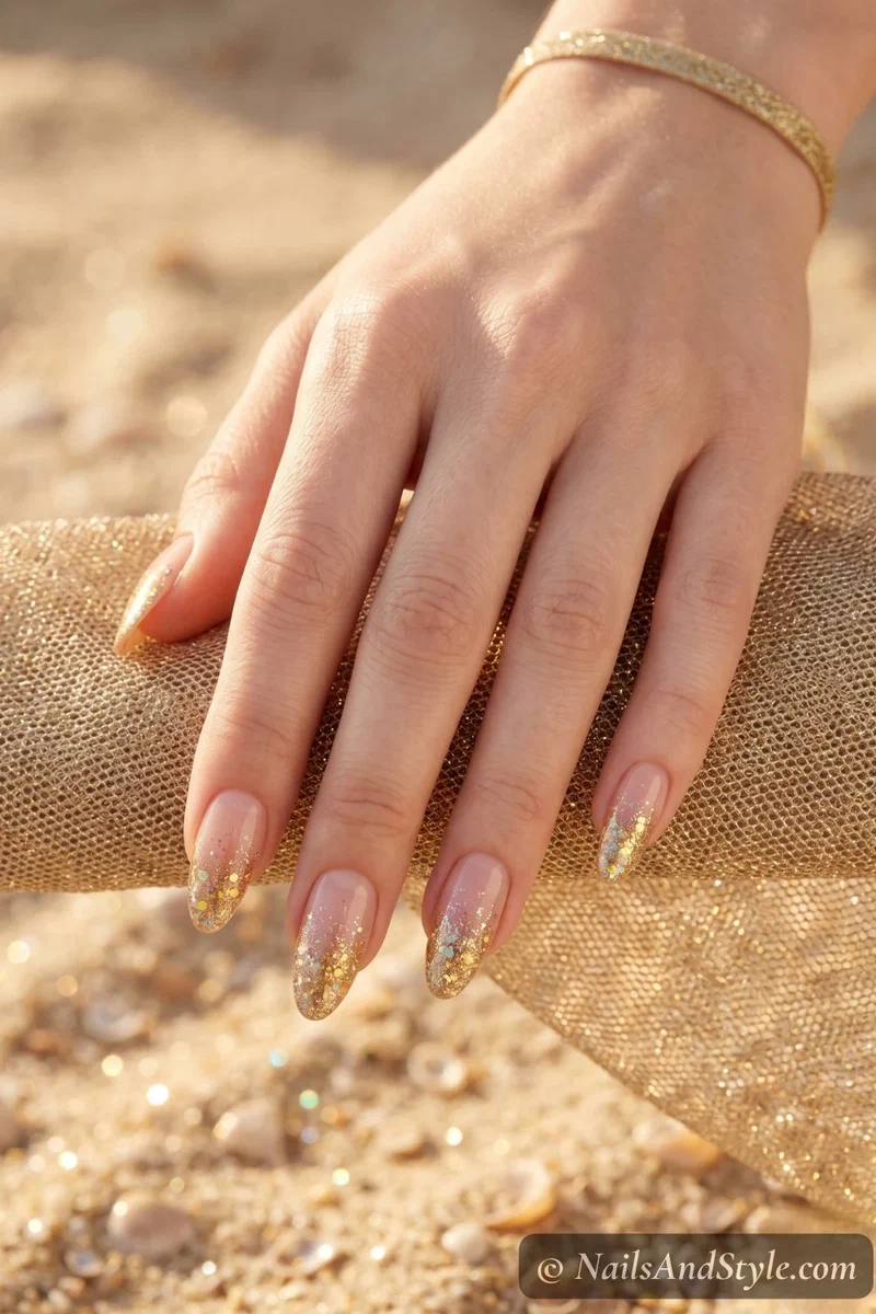 Nude base nails with gold glitter gradient concentrated at the tips