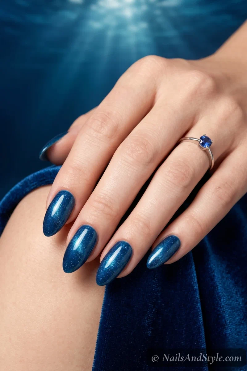 Deep ocean blue shimmer nails with luminous dimensional finish