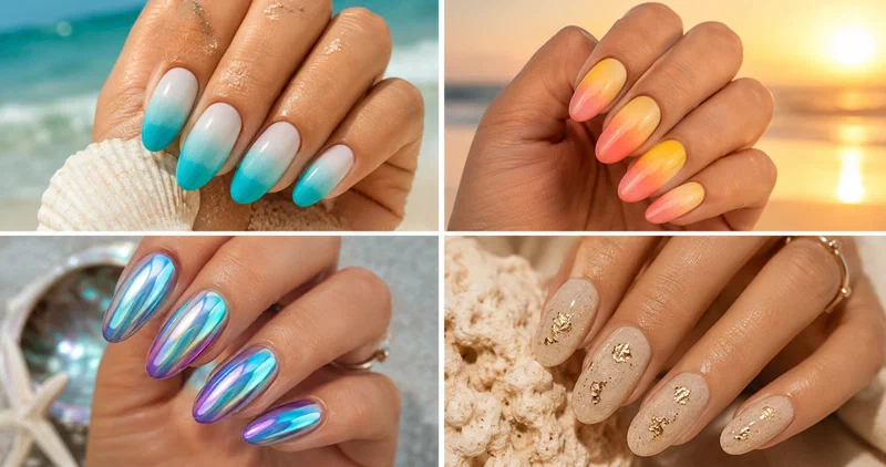 Collage of four beach nail designs including turquoise ombre, seashell accent, sunset gradient, and mermaid chrome nails