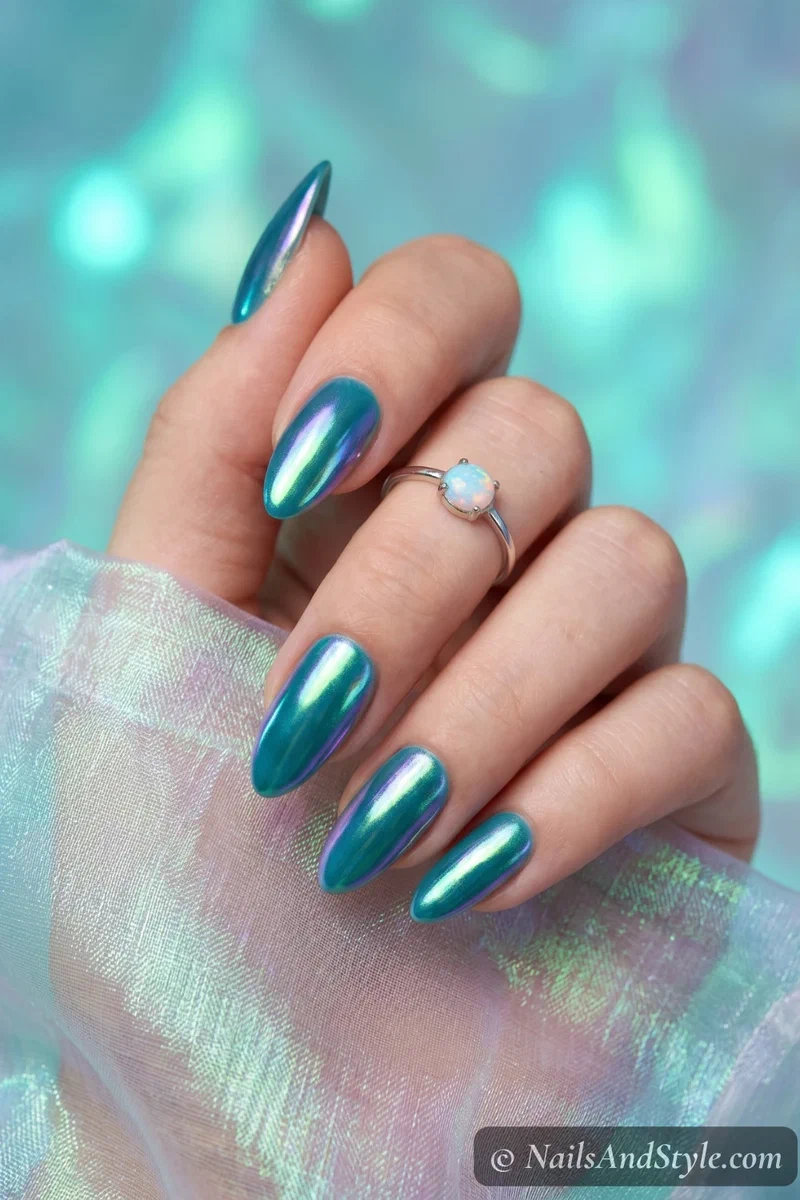 Iridescent mermaid chrome nails shifting between teal green and blue purple