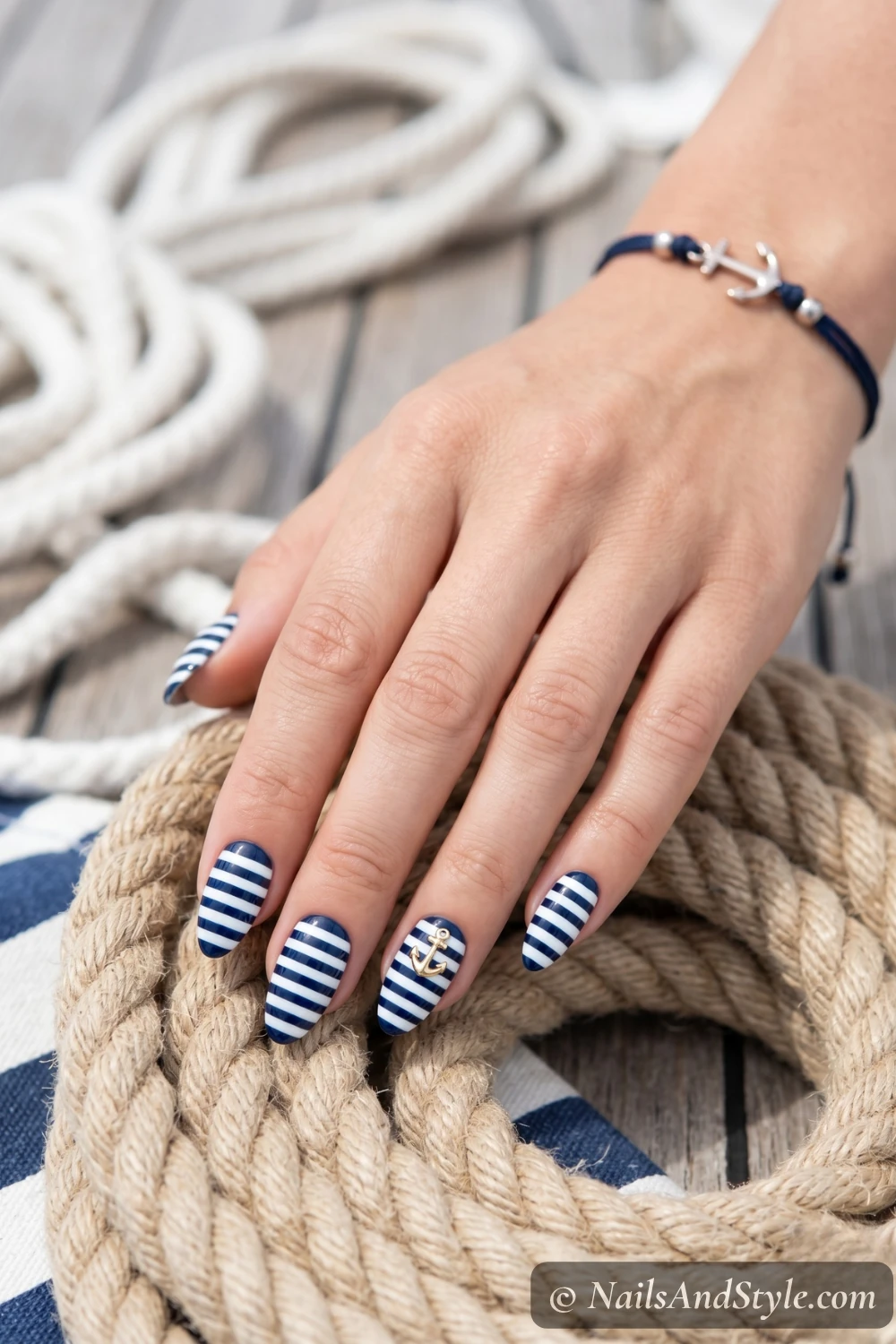 Navy and white nautical stripe nails