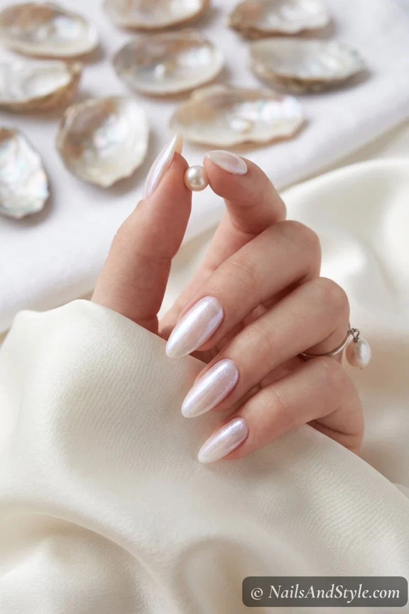 Sheer white pearl shimmer nails with iridescent glow