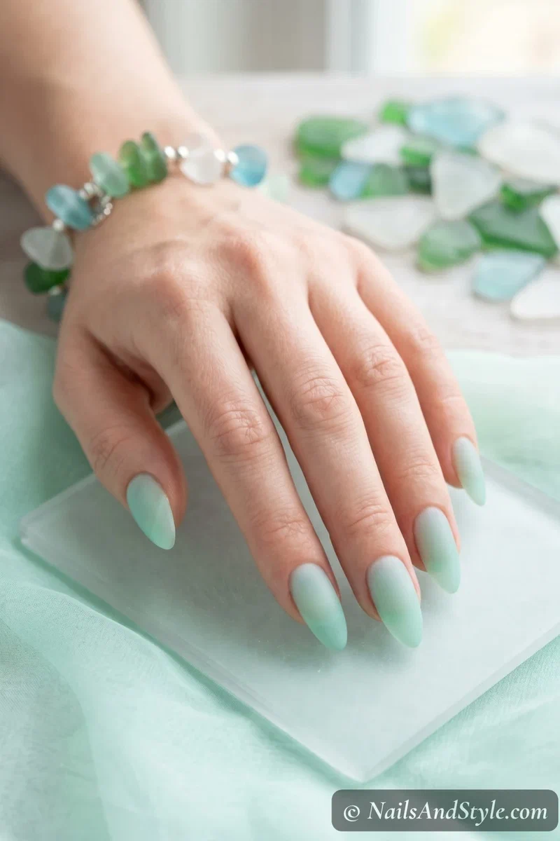 Frosted translucent mint green sea glass effect nails with matte finish