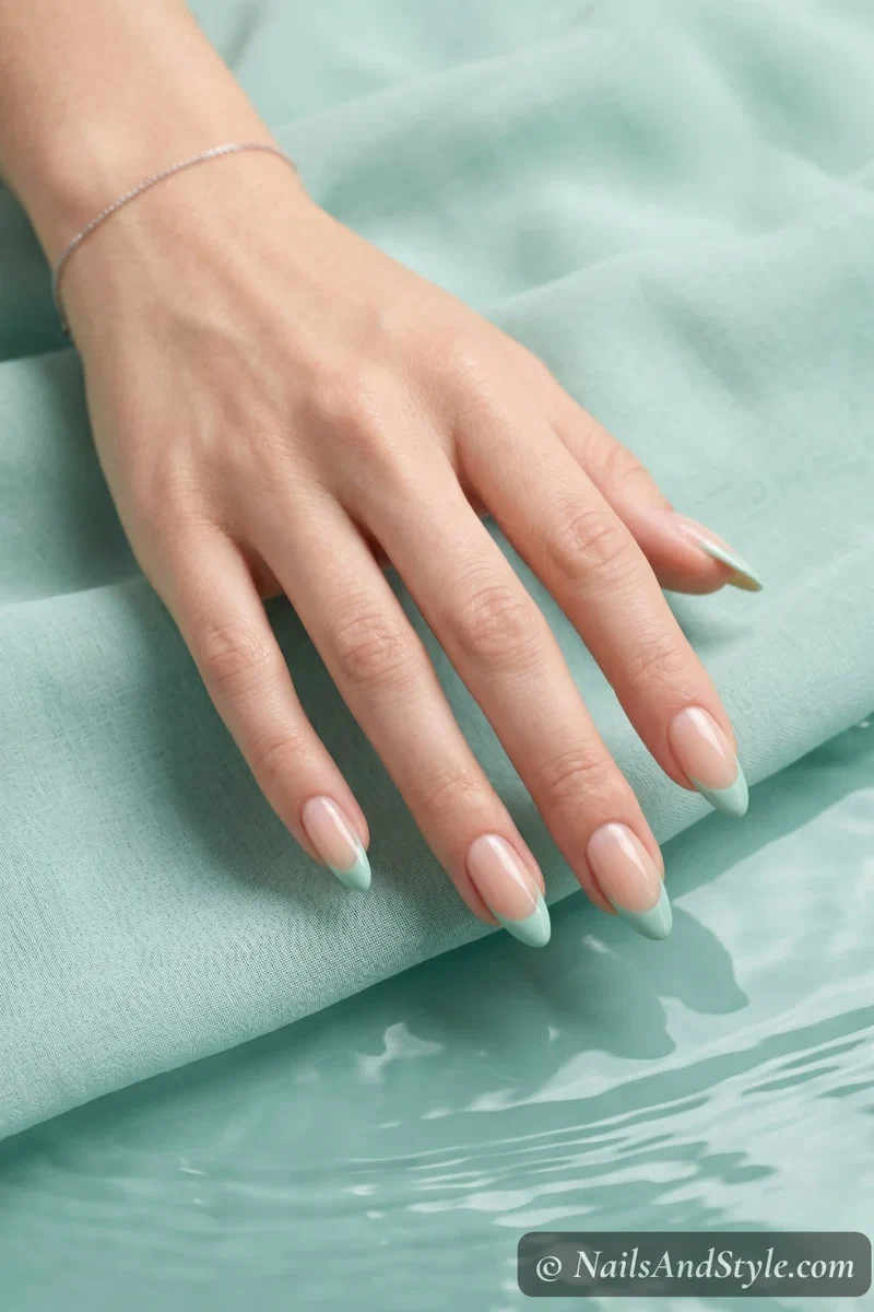 Seafoam green French tip nails on a clear base