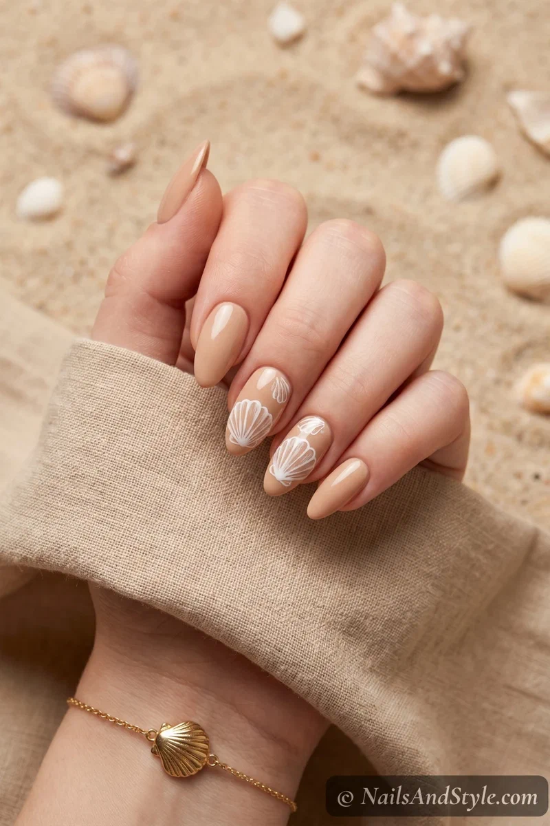 Sandy beige nails with hand-painted seashell accent nail art