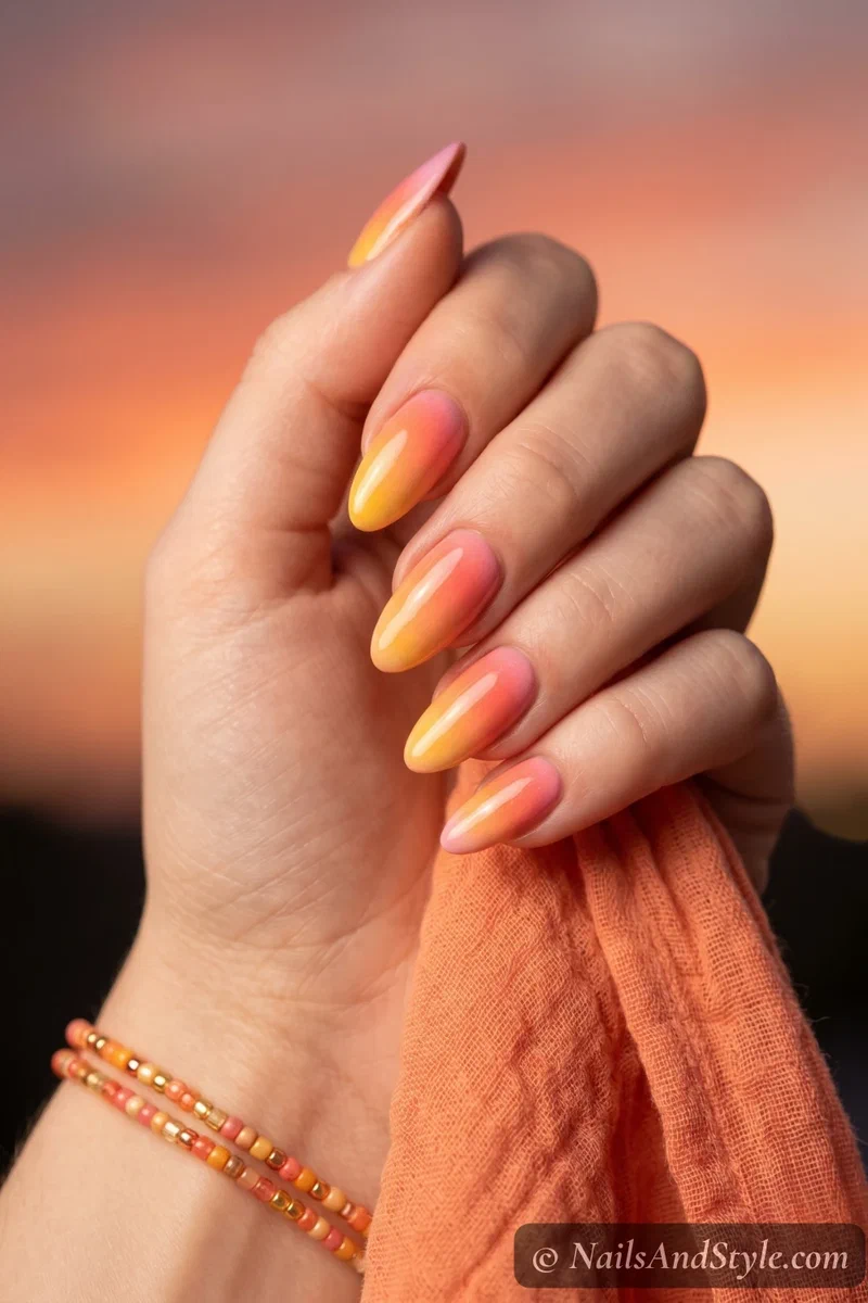 Multi-color sunset gradient nails in yellow peach coral and pink