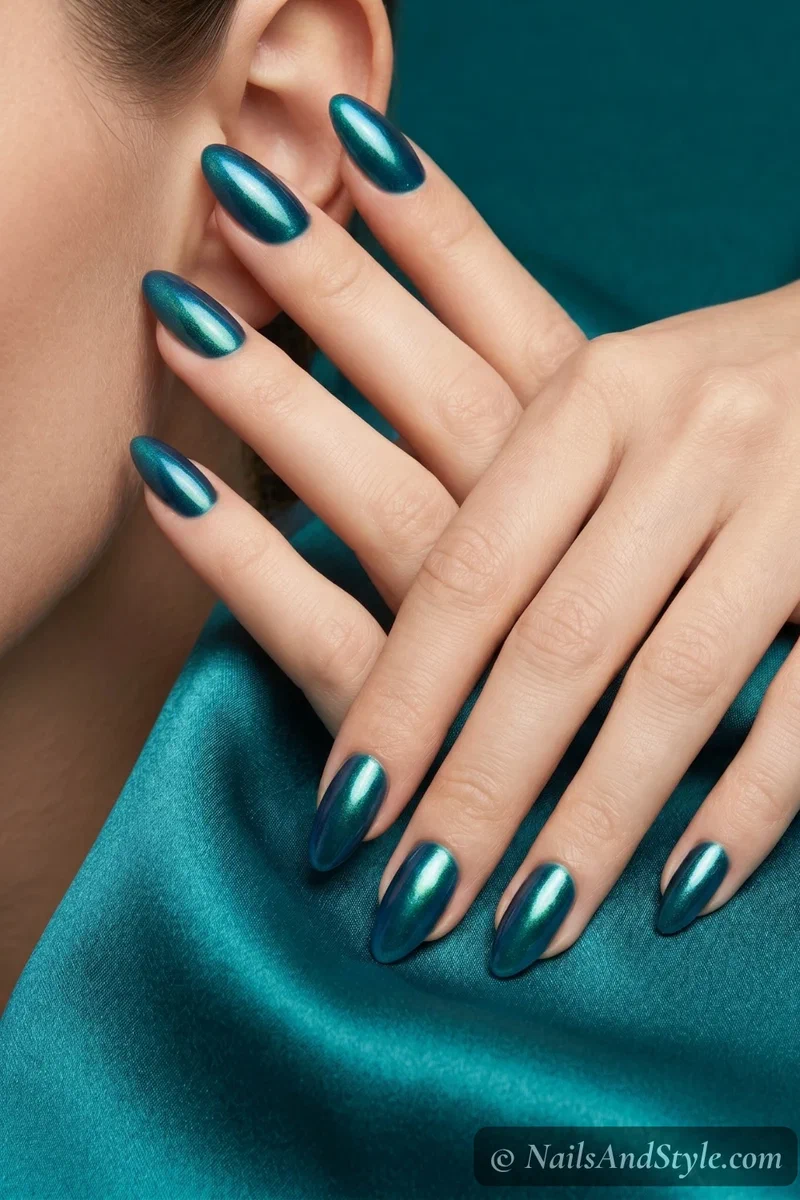 Deep teal nails with subtle chrome shimmer shifting between blue and green