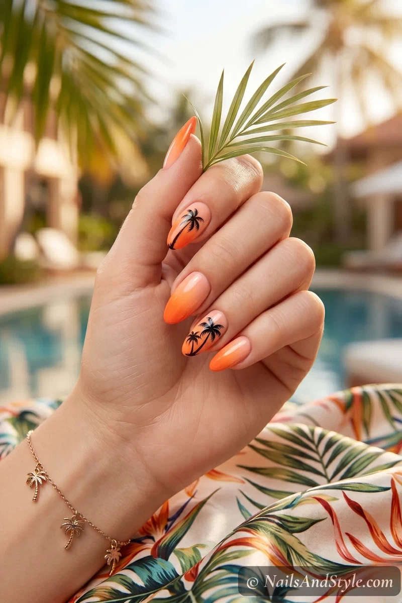 Sunset orange ombre nails with black palm tree silhouette accent