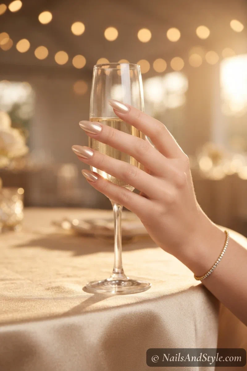 Nails with champagne chrome shimmer finish