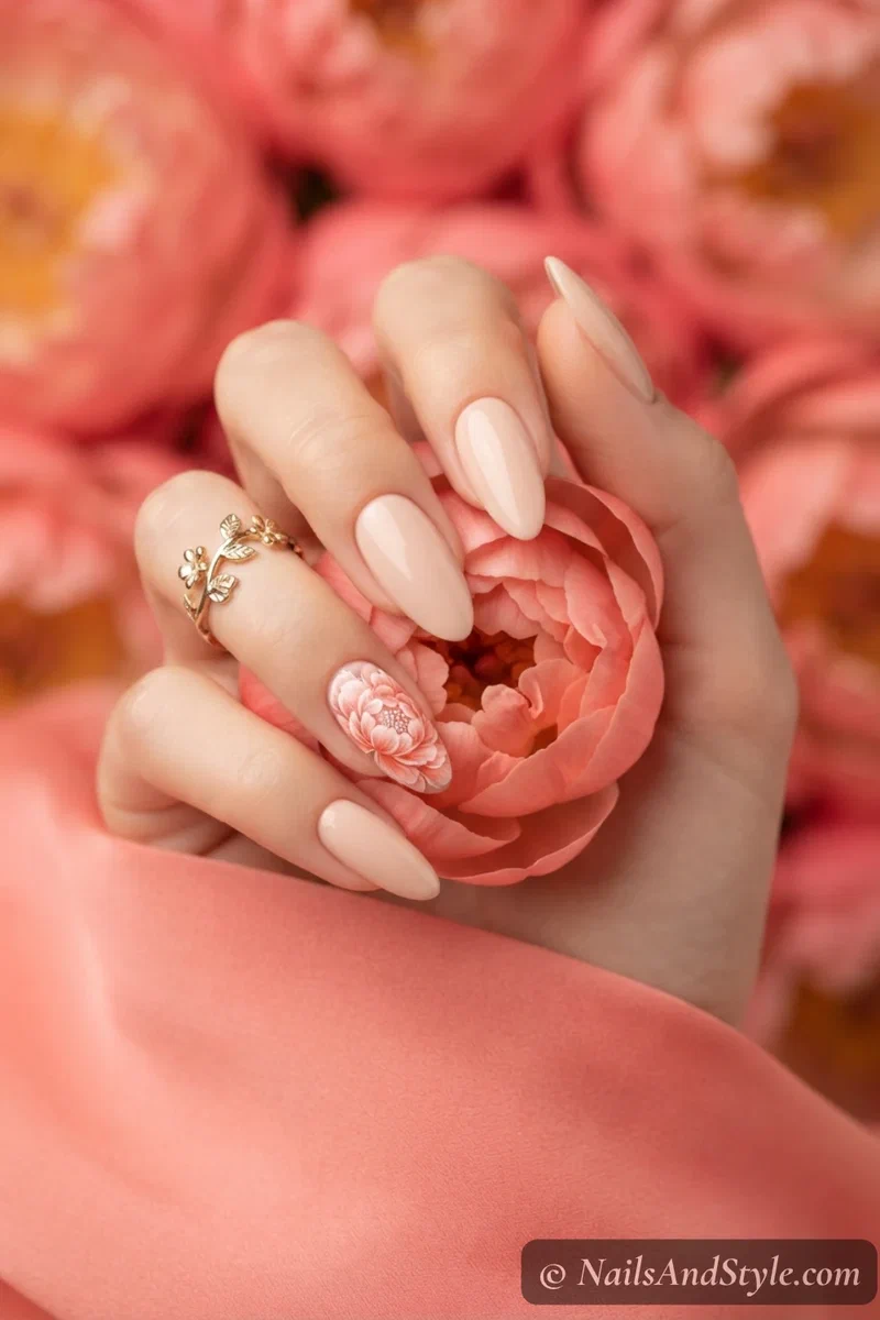 Nude bridal nails with coral peony accent nail