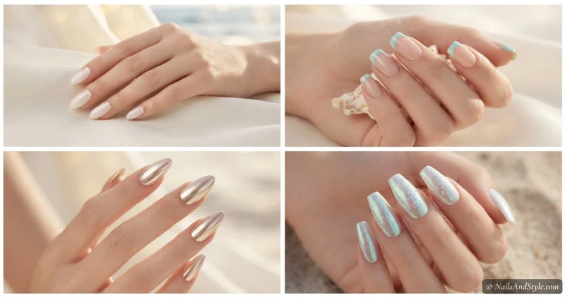 Collage of elegant beach wedding nail designs with pearls, sheer milky bases, and soft aqua tips