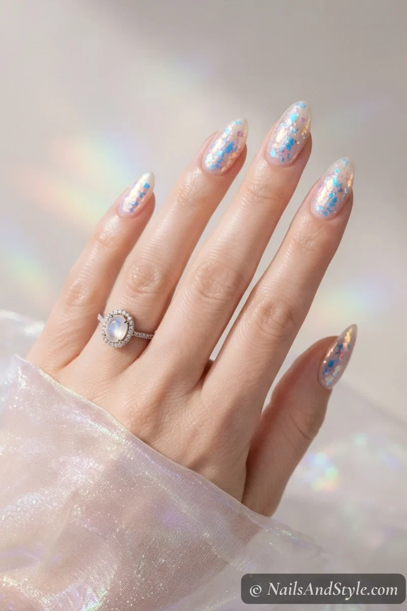 Pearl nails with iridescent color-shifting flake topper
